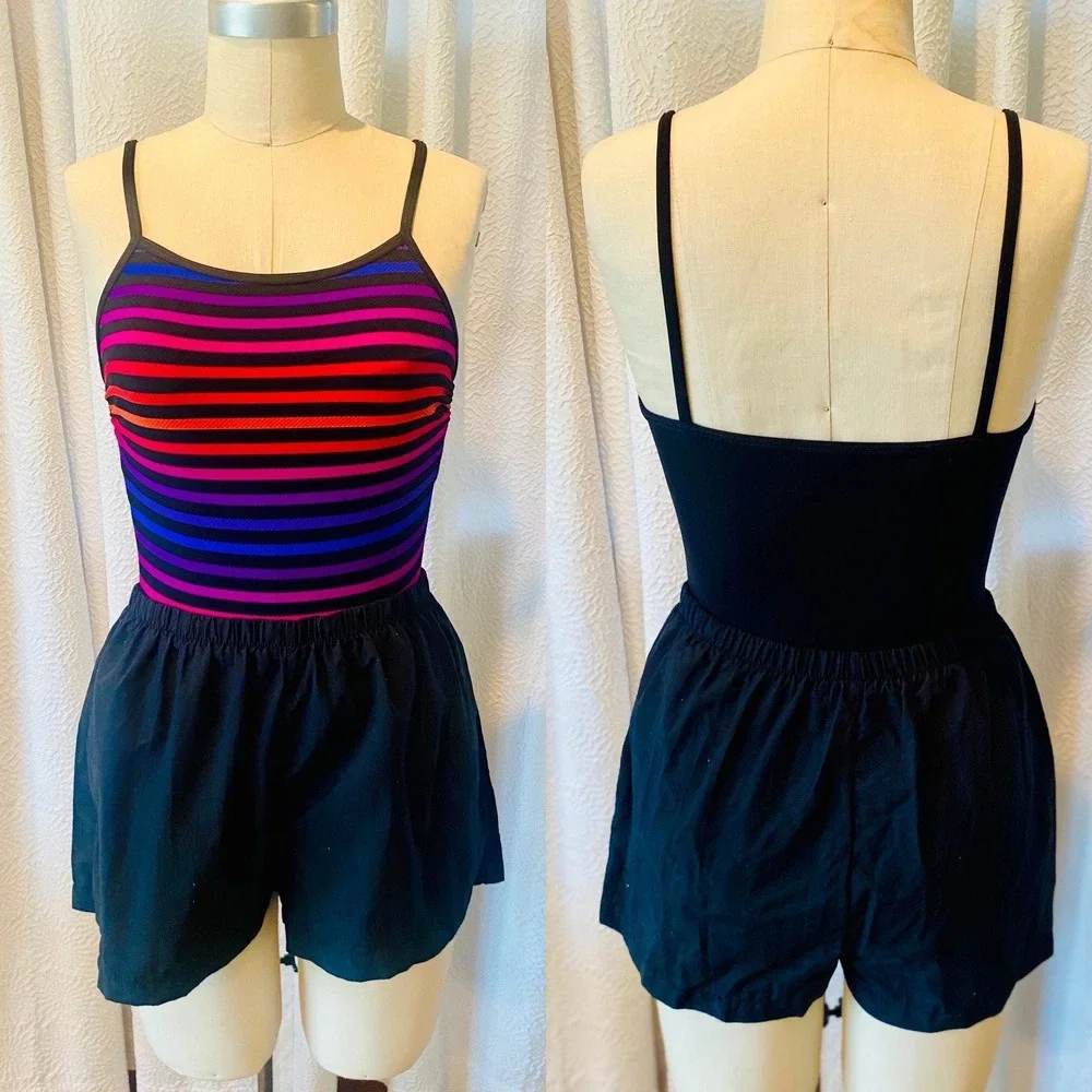 Vintage Le Cove‎ Striped Swimsuit with Built-In Shorts, Size 10